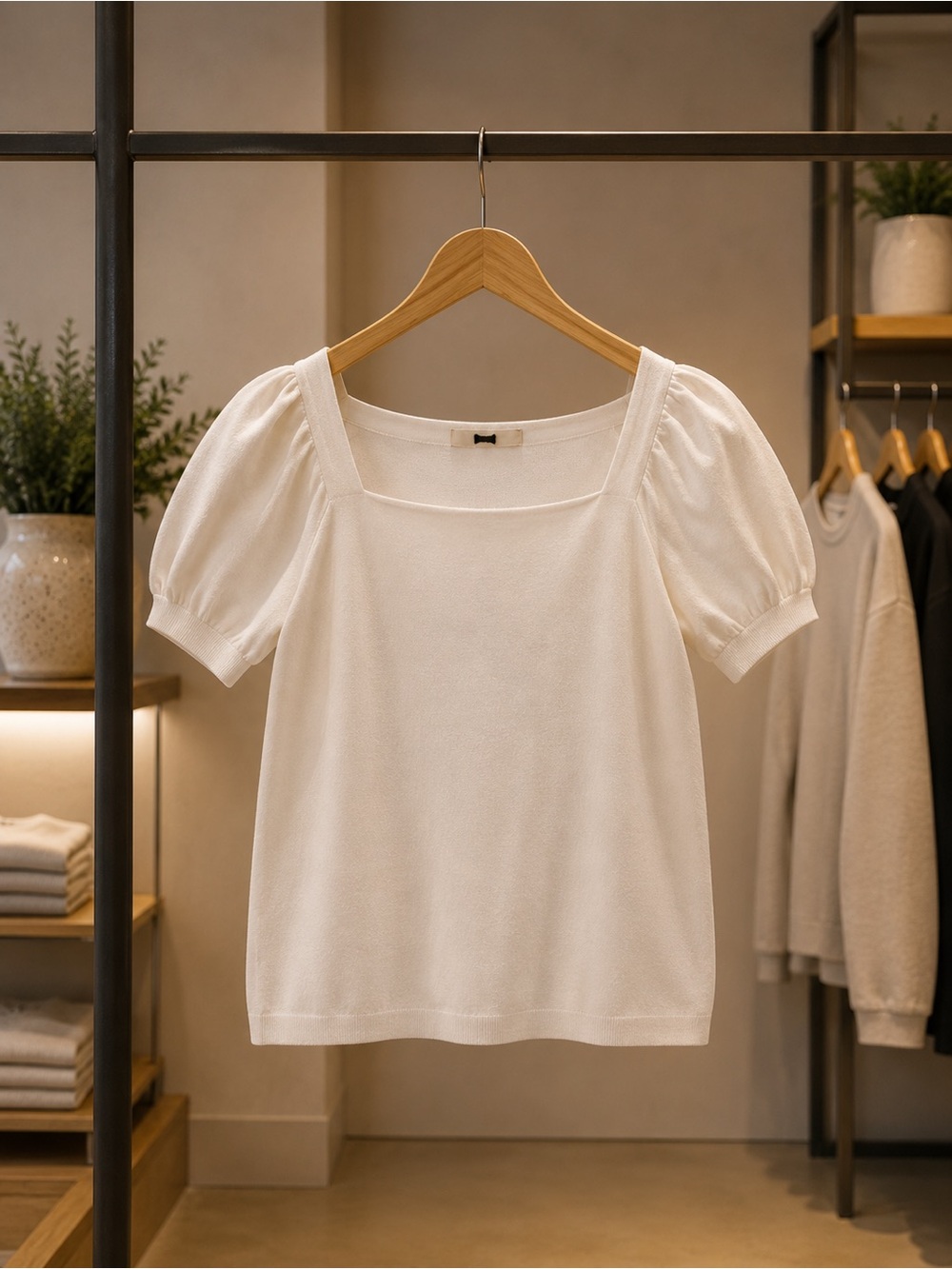 LOFT White Square Neck Puff Sleeve Sweater Top